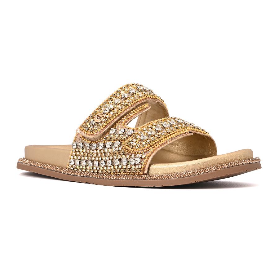 SANDALIA DORADA CON VELCRO Y CRISTALES