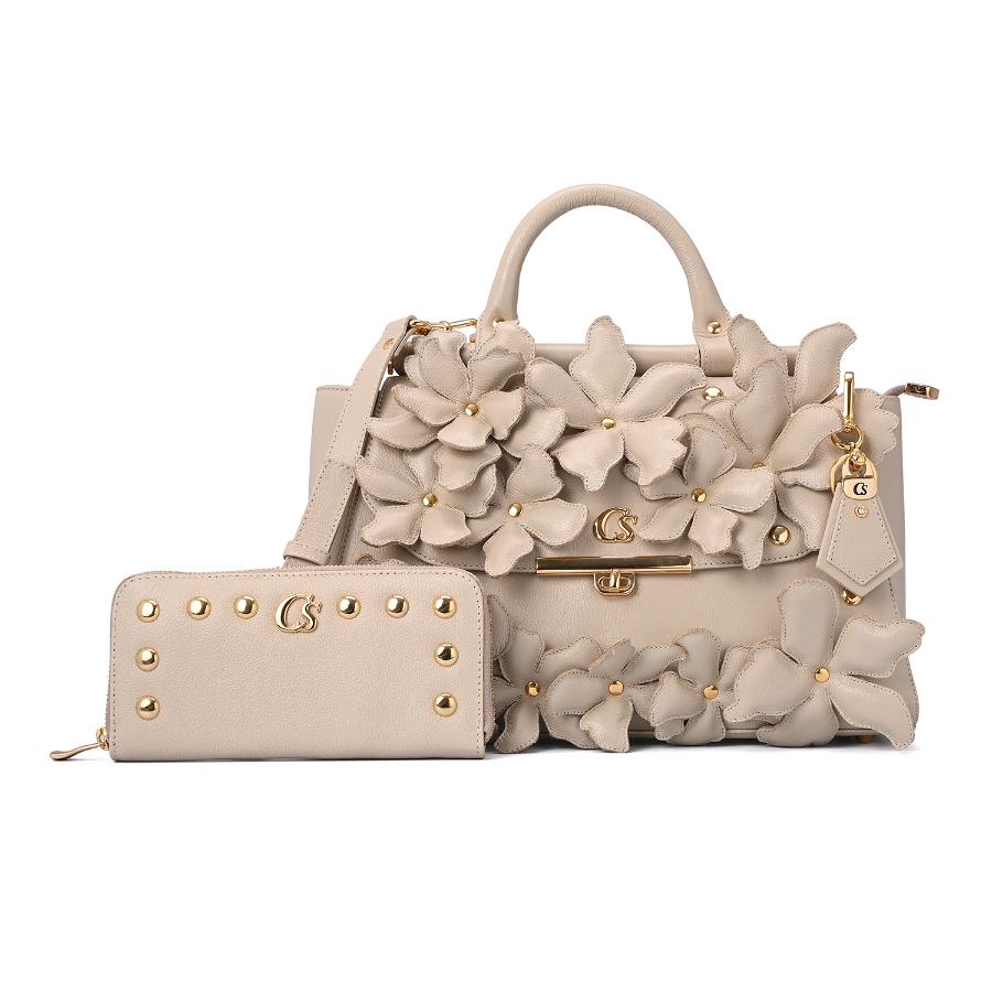 CARTERA BEIGE CON FLORES CS