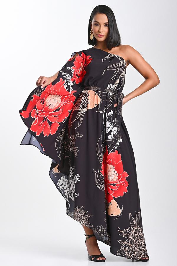 VESTIDO UN SOLO HOMBRO FLOR ORIENTAL