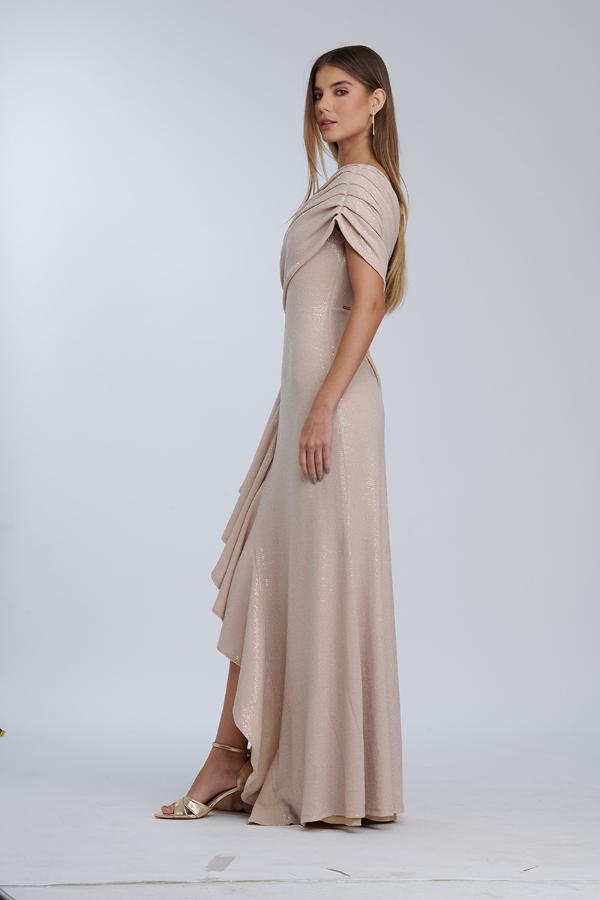 VESTIDO ROSA DRAPEADO CON VUELO