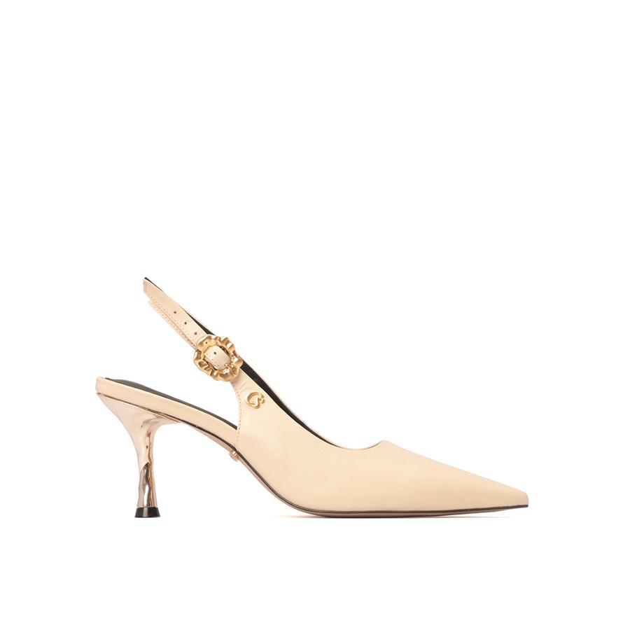 STILETTO ABIERTO BEIGE TACO DORADO