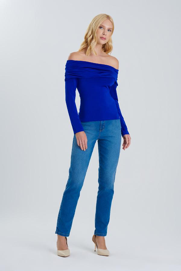 BLUSA AZUL HOMBROS DESCUBIERTOS
