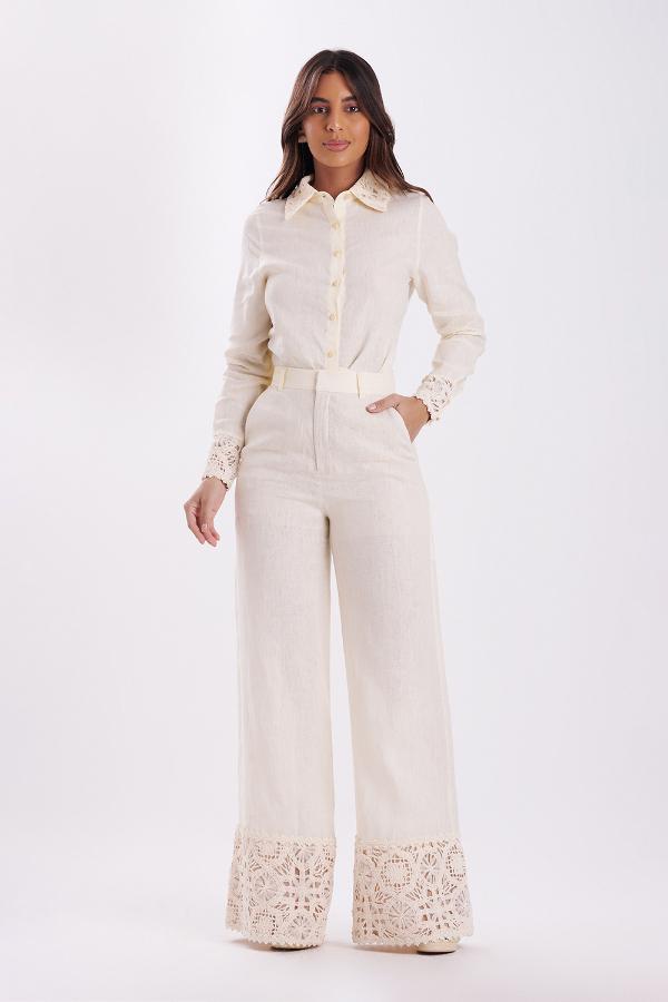 CAMISA BEIGE DE LINO CON BORDADO