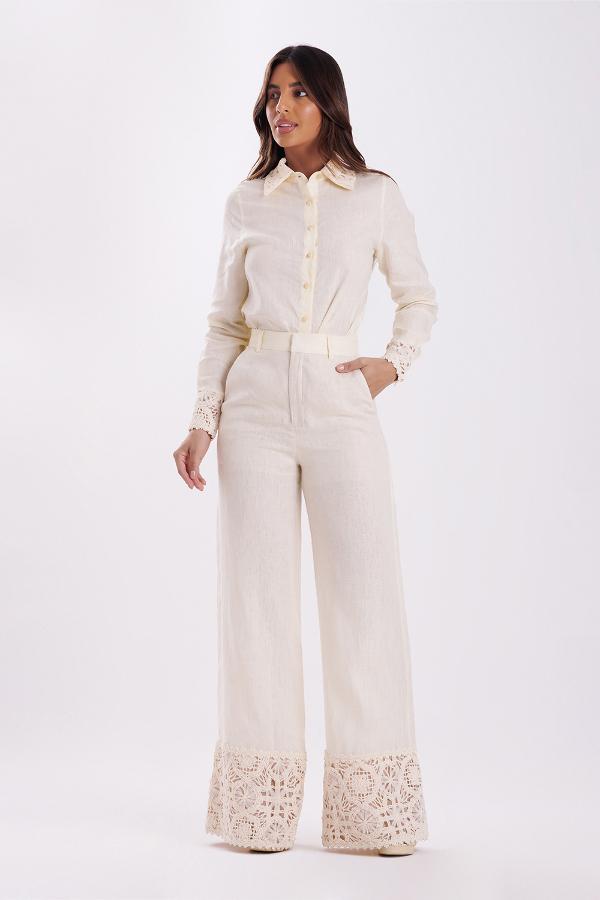PANTALON BEIGE DE LINO CON BORDADO