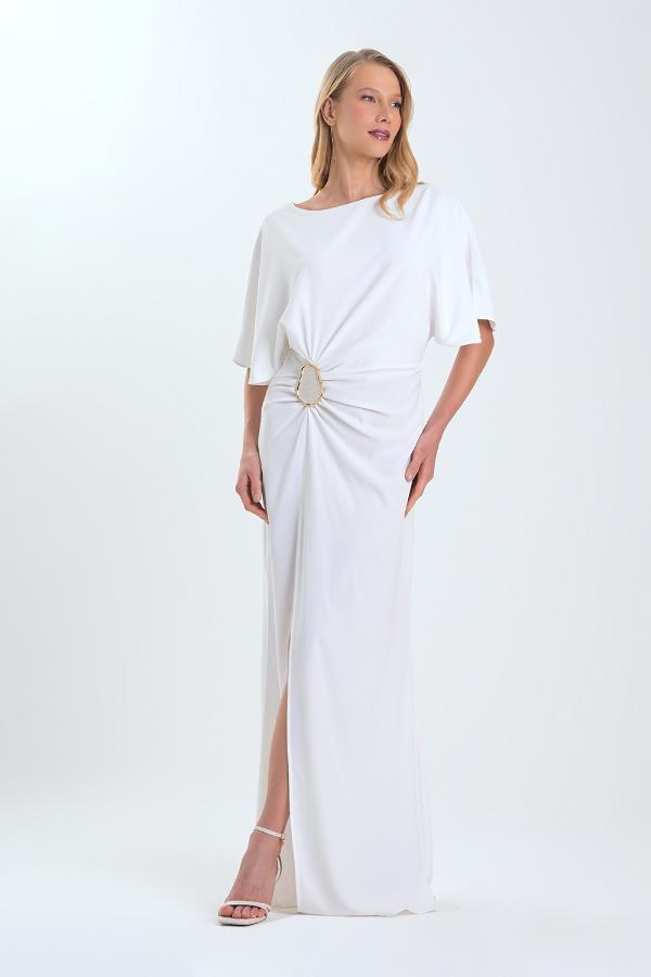 VESTIDO BEIGE CON DRAPEADO Y ABERTURA