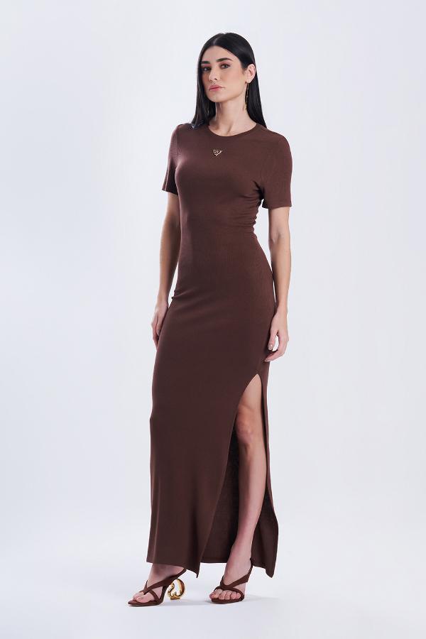 VESTIDO MARRON CS CON ABERTURA