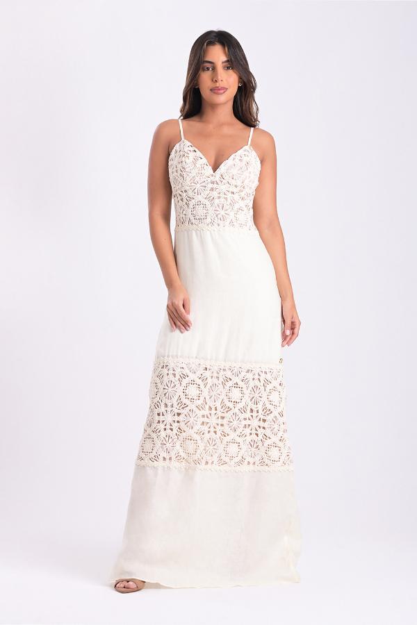 VESTIDO BEIGE DE LINO CON BORDADO