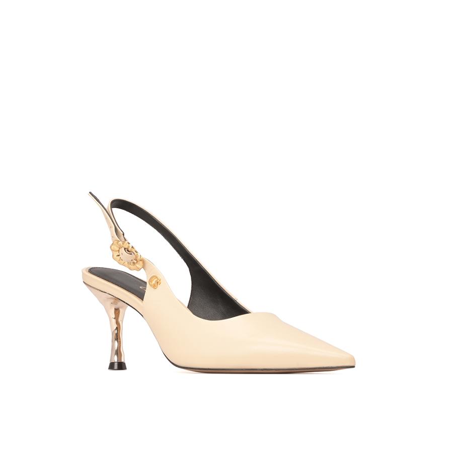 STILETTO ABIERTO BEIGE TACO DORADO