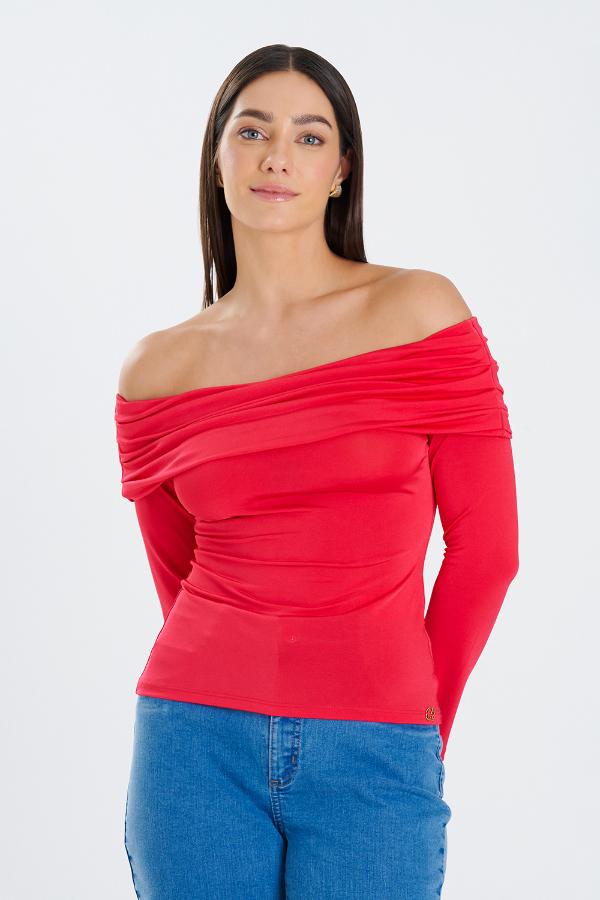 BLUSA ROJO INTENSO HOMBROS DESCUBIERTOS