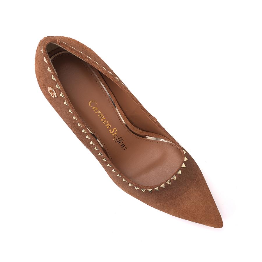 STILETTO CAMEL GAMUSA CON TACHAS