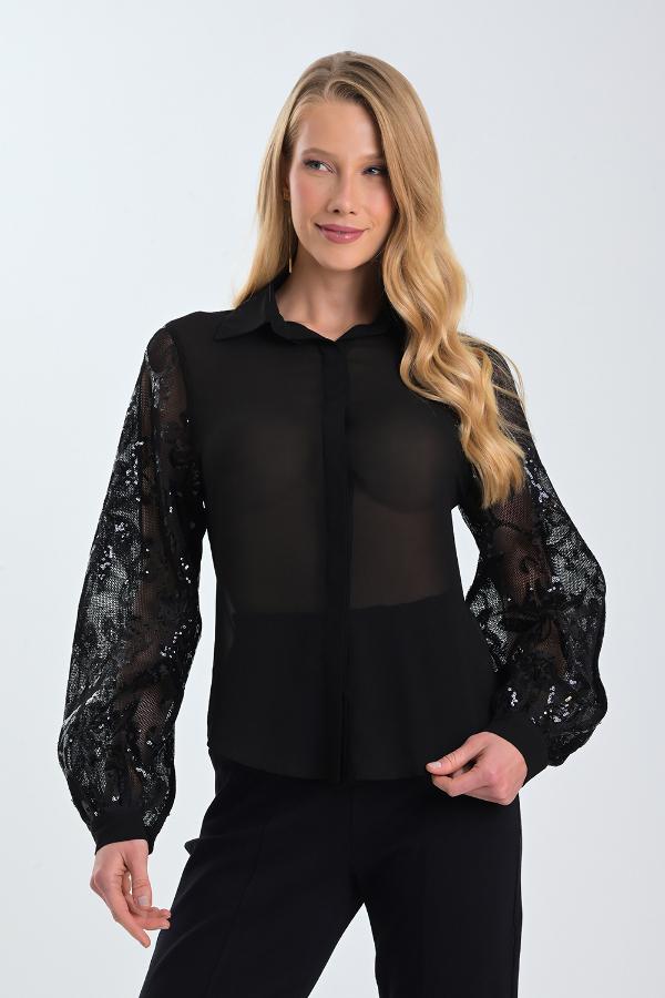 CAMISA CON TRANSPARENCIA Y LENTEJUELAS