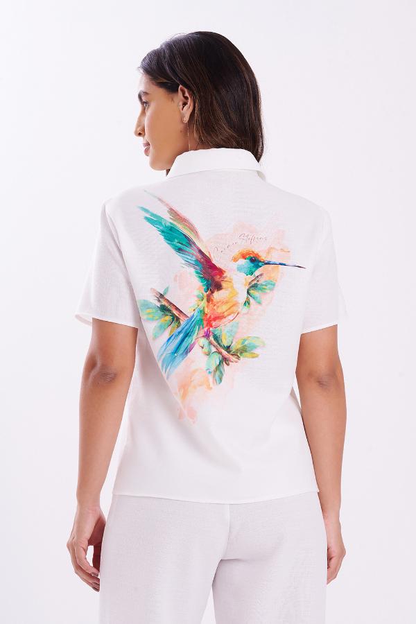 CAMISA DE LINO CON ESTAMPADO COLIBRI