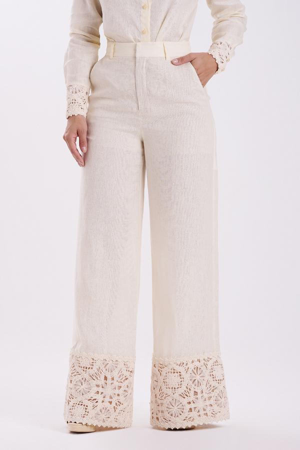PANTALON BEIGE DE LINO CON BORDADO