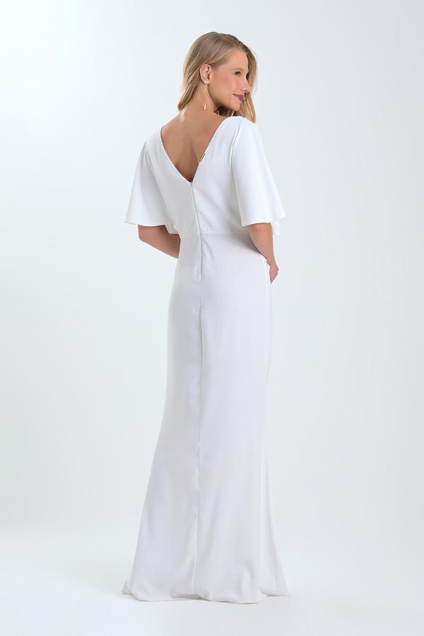 VESTIDO BEIGE CON DRAPEADO Y ABERTURA