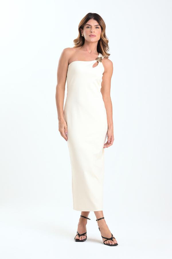 VESTIDO BEIGE CON ACCESORIO
