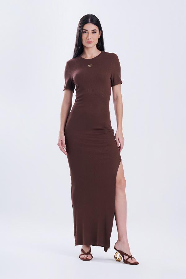 VESTIDO MARRON CS CON ABERTURA