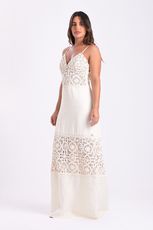 VESTIDO BEIGE DE LINO CON BORDADO