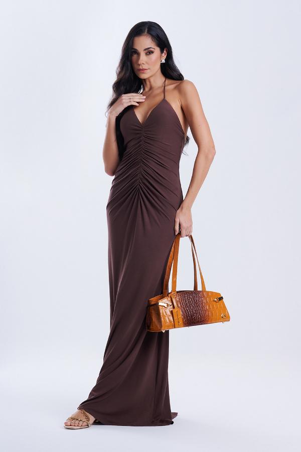 VESTIDO MARRON CON ESCOTE DRAPEADO